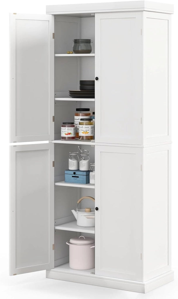 Armadietto Bianco con 4 Ante e 6 Ripiani Regolabili, Kit Anti-Ribaltamento, 76 x 40 x 184,5 cm, per Cucina, Camera da Letto, Soggiorno (Nero)