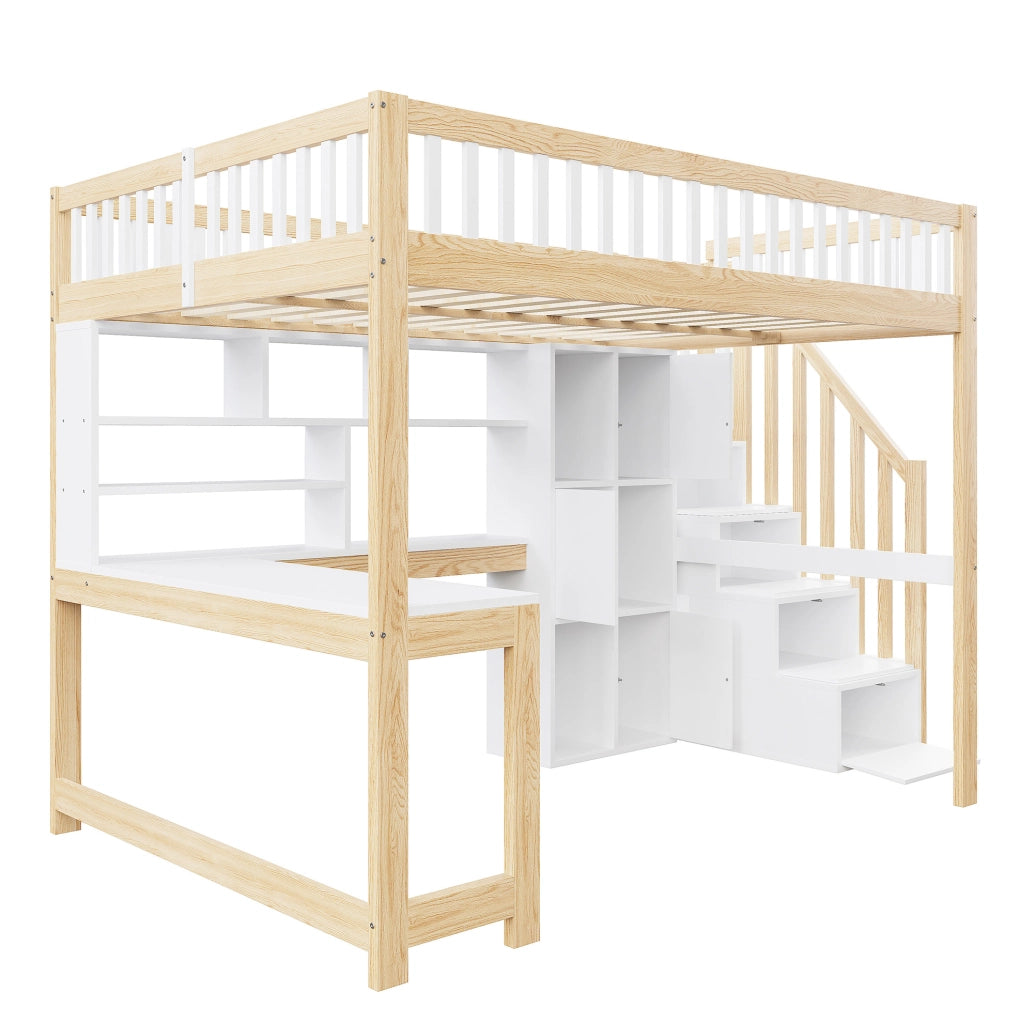 Letto a soppalco con scrivania; LED; scala contenitore e ripiani; 140x200 cm; bianco naturale