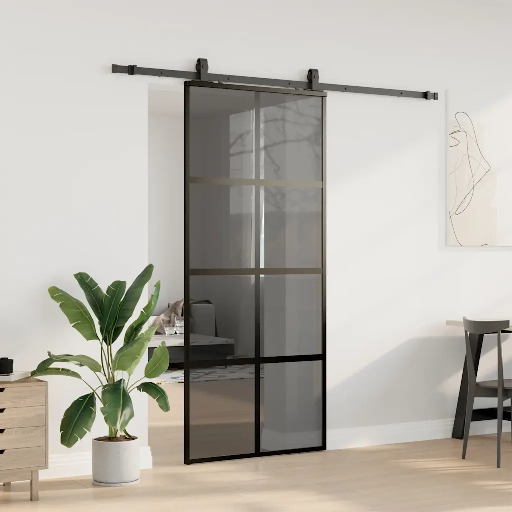 Porta Scorrevole Set Ferramenta Nera 90x205 cm Vetro Temperato 3375976