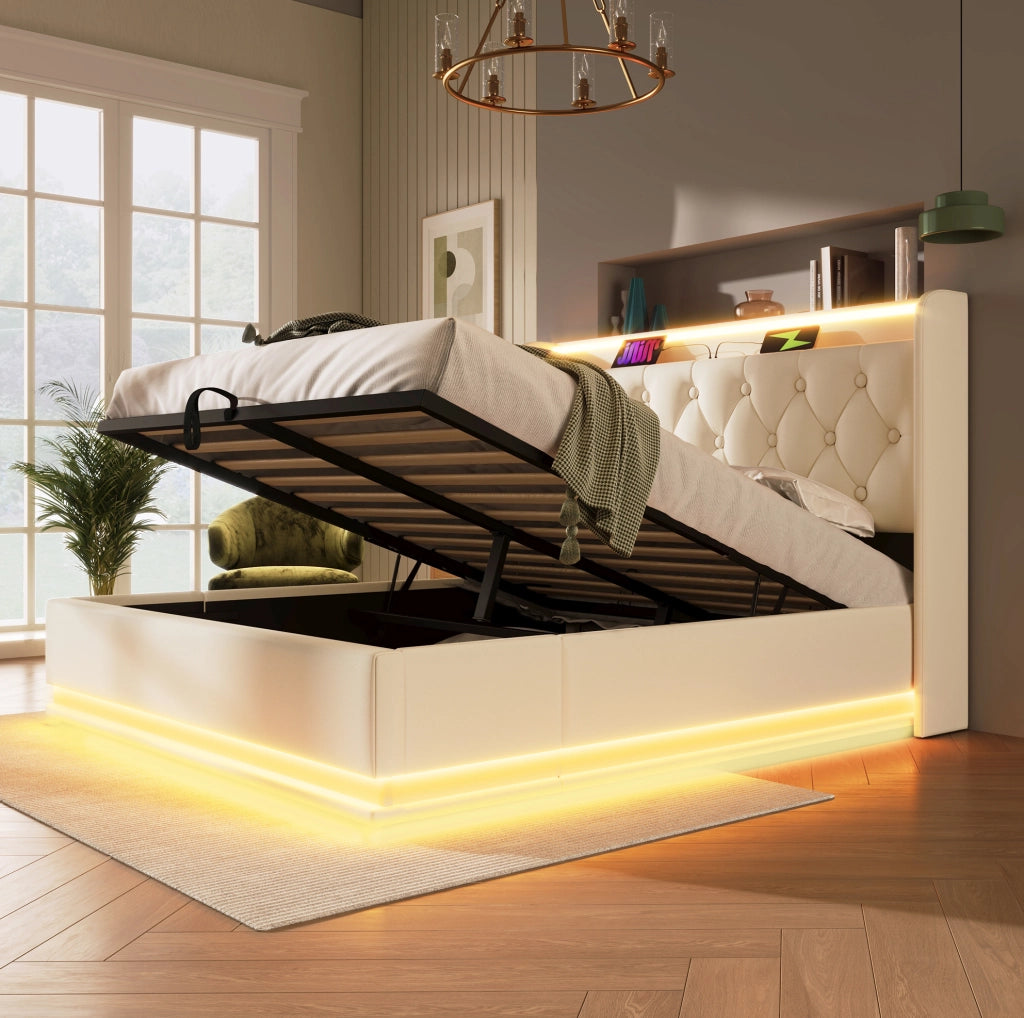 Letto matrimoniale 140x200 cm con LED, USB-C e materasso