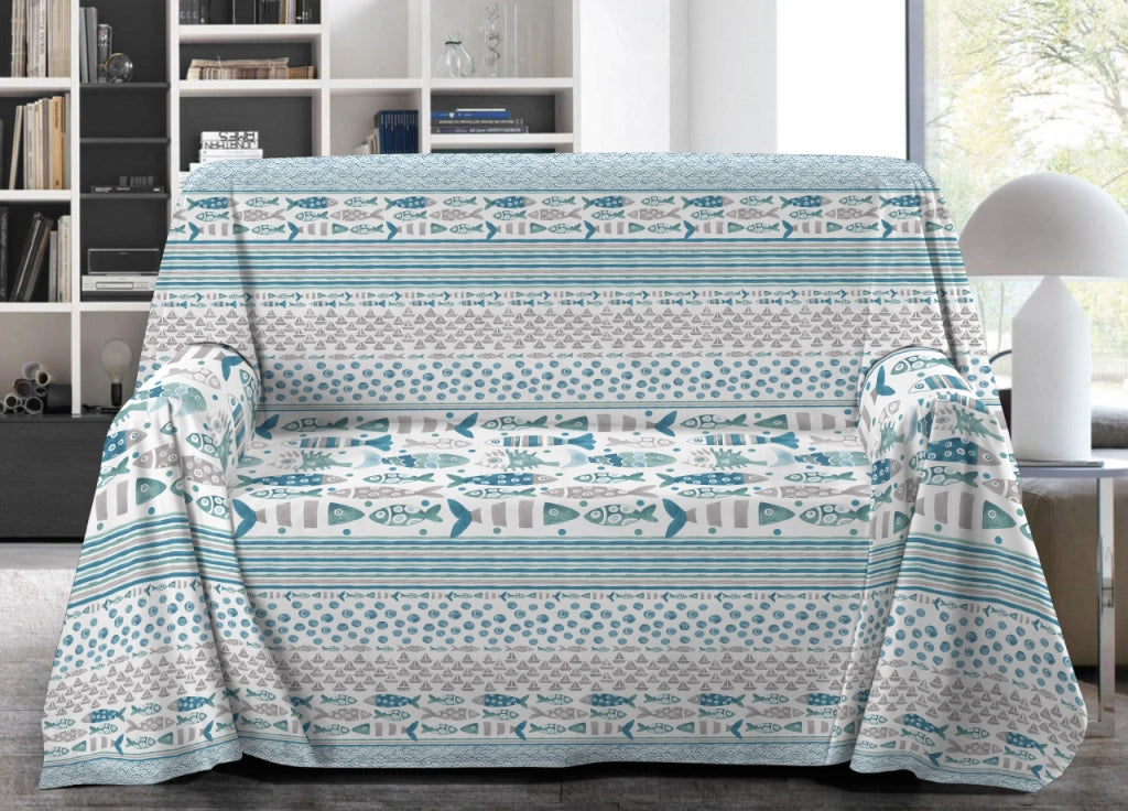 Telo Arredo Granfoulard Copritutto Salvadivano 100% Cotone Disegno Pesci - Singolo - Azzurro