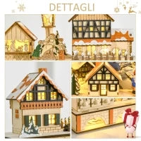 Calendario dell'Avvento in Legno con 24 Cassetti da Riempire, Decorazione con Villaggio di Natale e Luci, 44x10x37cm