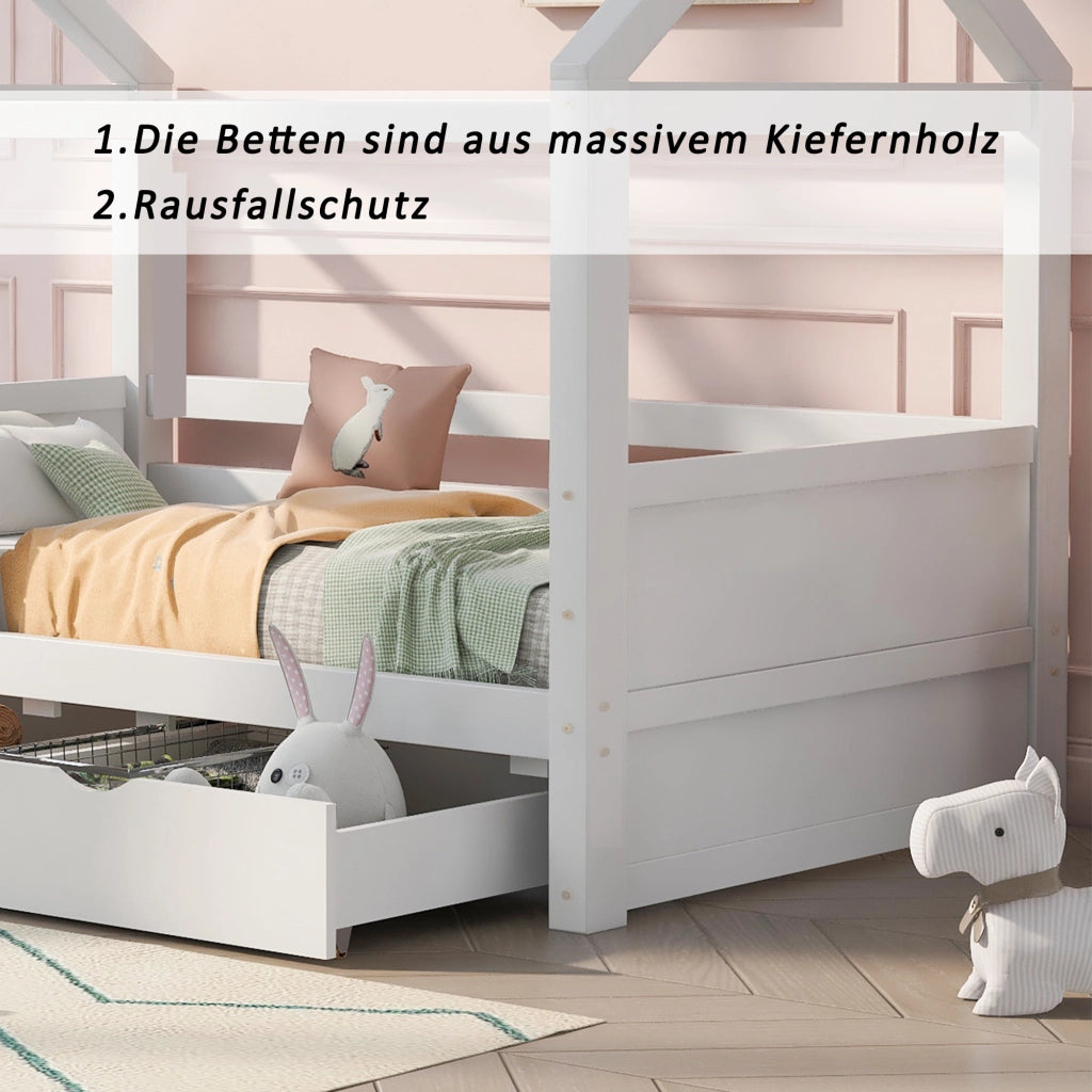 Letto Casetta Letto Singolo 80x160 cm con 2 Cassetti; Finestra e Rete - in Pino - Bianco