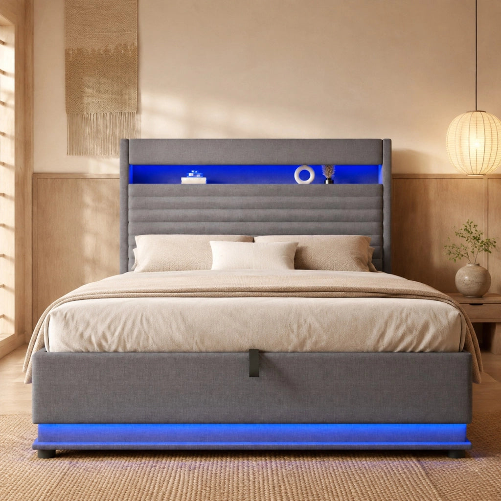 Letto imbottito 140x200 con LED, vano contenitore idraulico e porte USB/Type-C