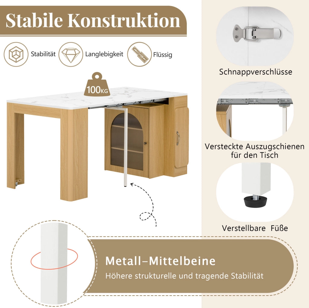 Isola cucina allungabile con LED, prese USB/Type-C, naturale