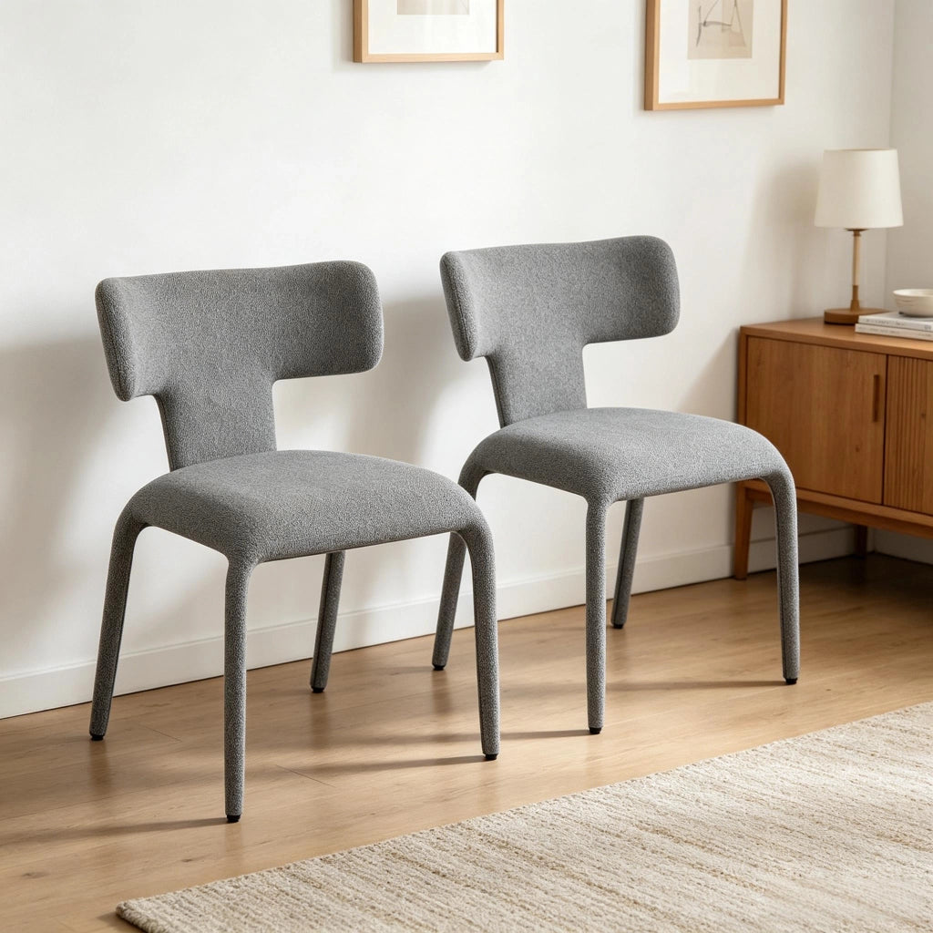Set di 2 sedie moderne in lino grigio con schienale curvo, base in metallo e ruote
