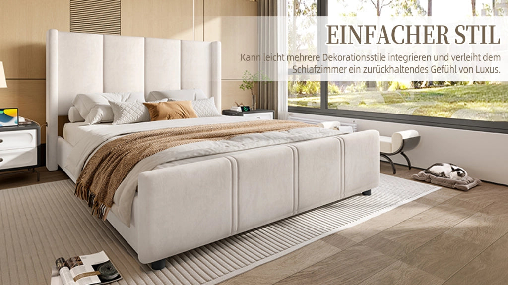 DESMIU Letto adulto 140 × 200 cm 2 posti con USB e testiera alta, senza materasso, in velluto, beige