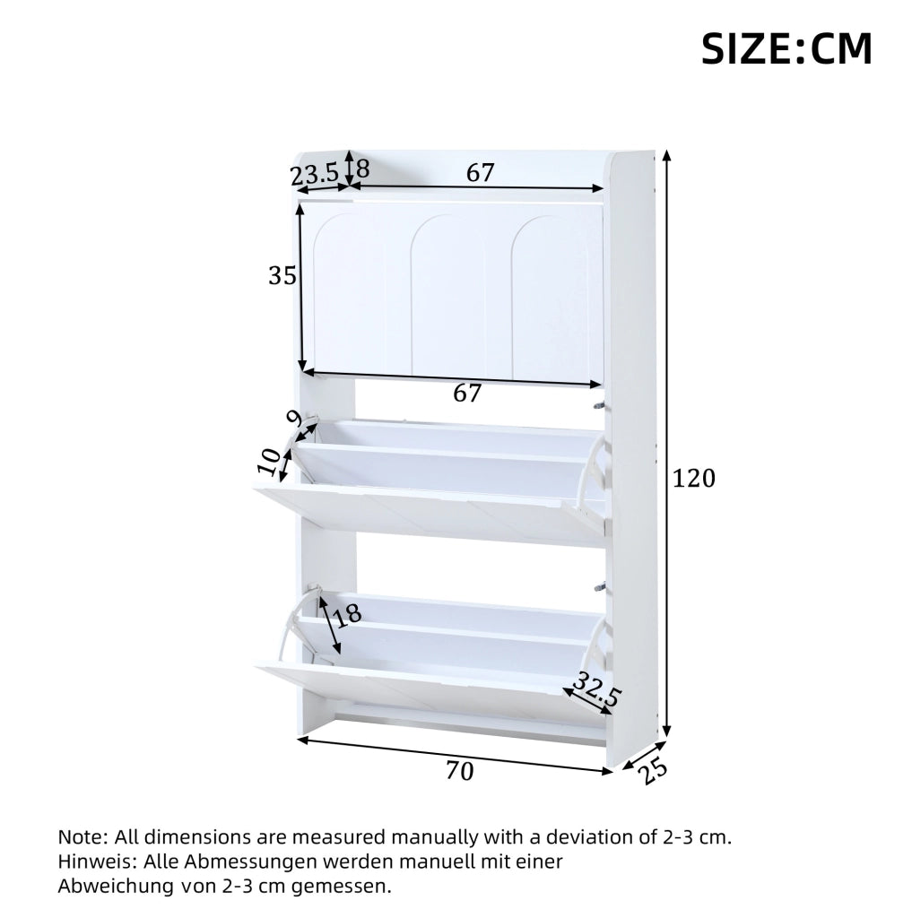 Mobile portascarpe 70x25x120 cm con 6 ripiani nascosti in MDF bianco