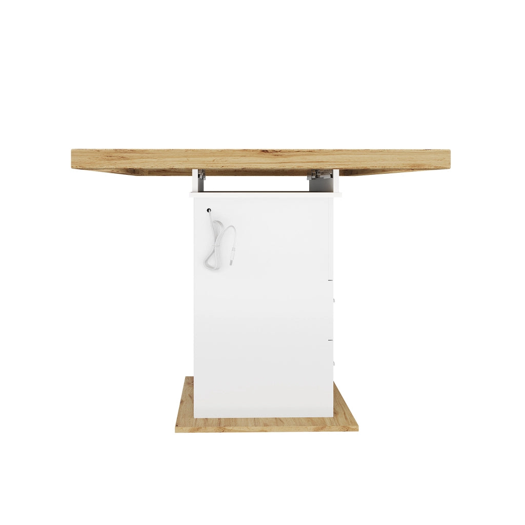 Tavolo da pranzo, illuminazione a LED, allungabile da 110 - 140 cm, con vano portaoggetti, MDF effetto legno, bianco e color legno naturale
