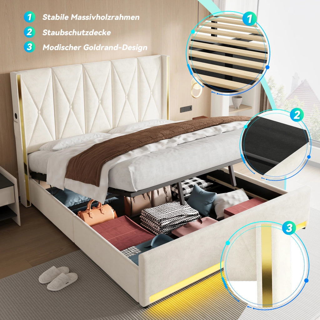 LETTO imbottito 180x200 cm in velluto beige con USB, LED e contenitore