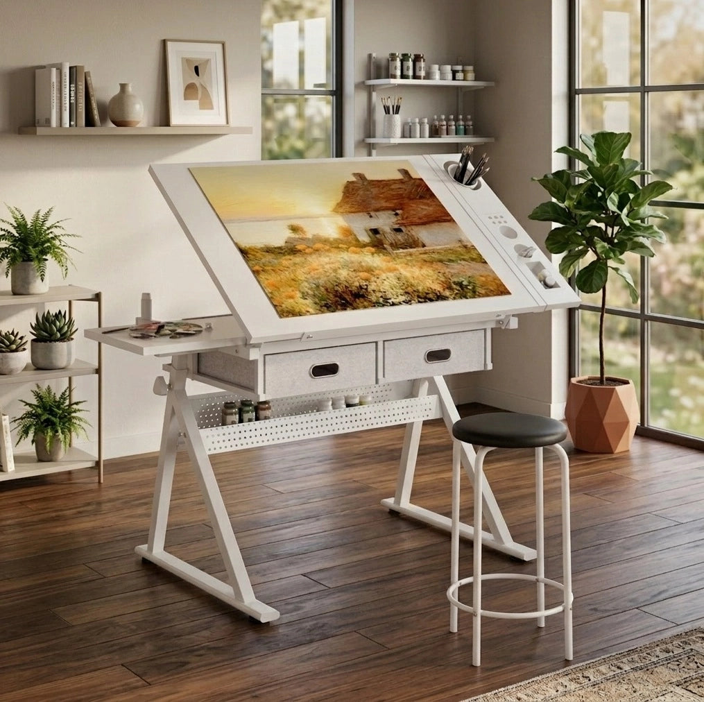 Scrivania da disegno regolabile con 2 cassetti e sgabello bianco per casa e ufficio