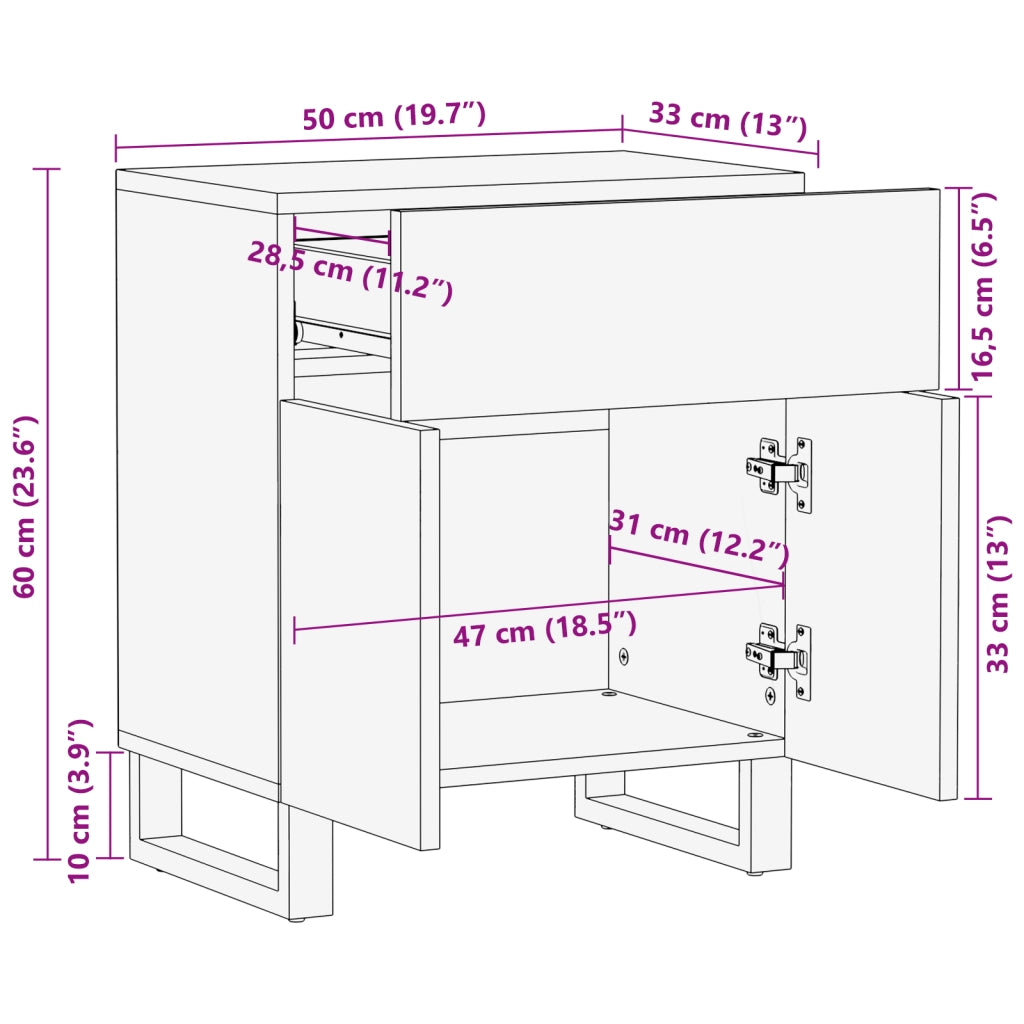 Comodino 50x33x60 cm in legno massello di mango
