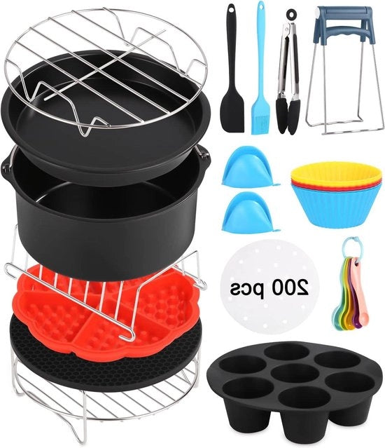Accessori per air fryer - set da 16 pezzi con carta da forno - adatto per friggitrici ad aria - diametro 18 cm - 200 fogli di accessori per air fryer