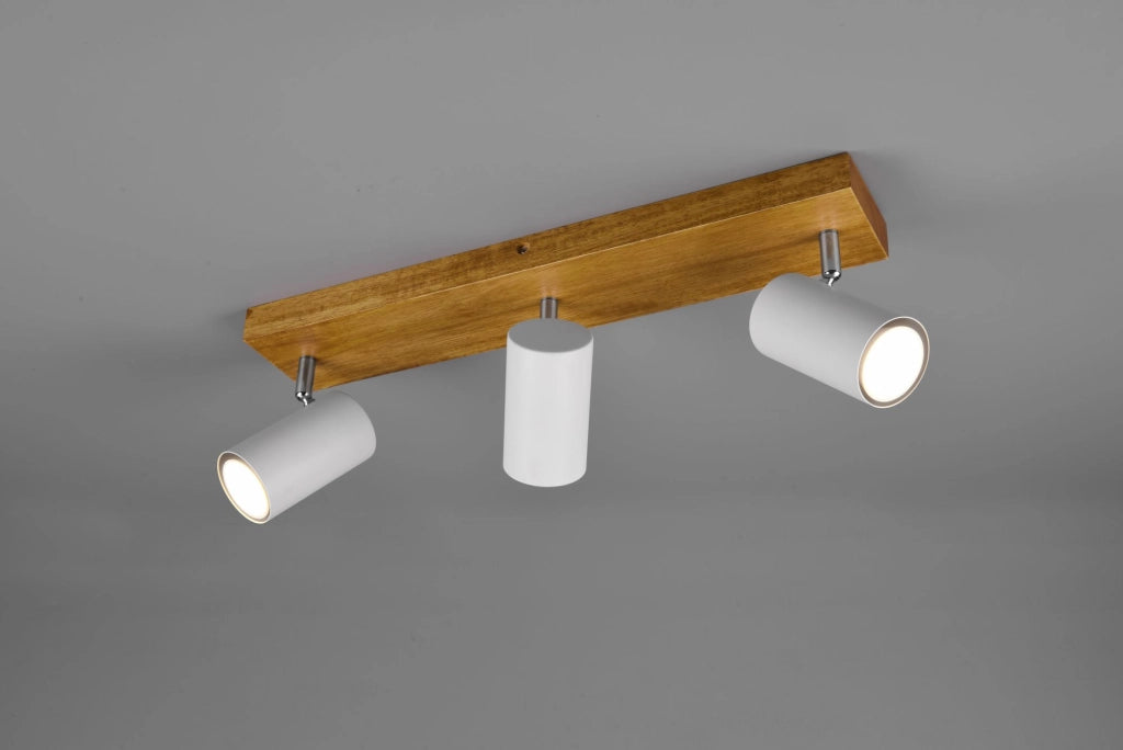MARLEY BARRA 3 SPOTS CILINDRI BIANCHI BASE LEGNO NATURALE L. 44CM 3 LUCI ATTACCO GU10