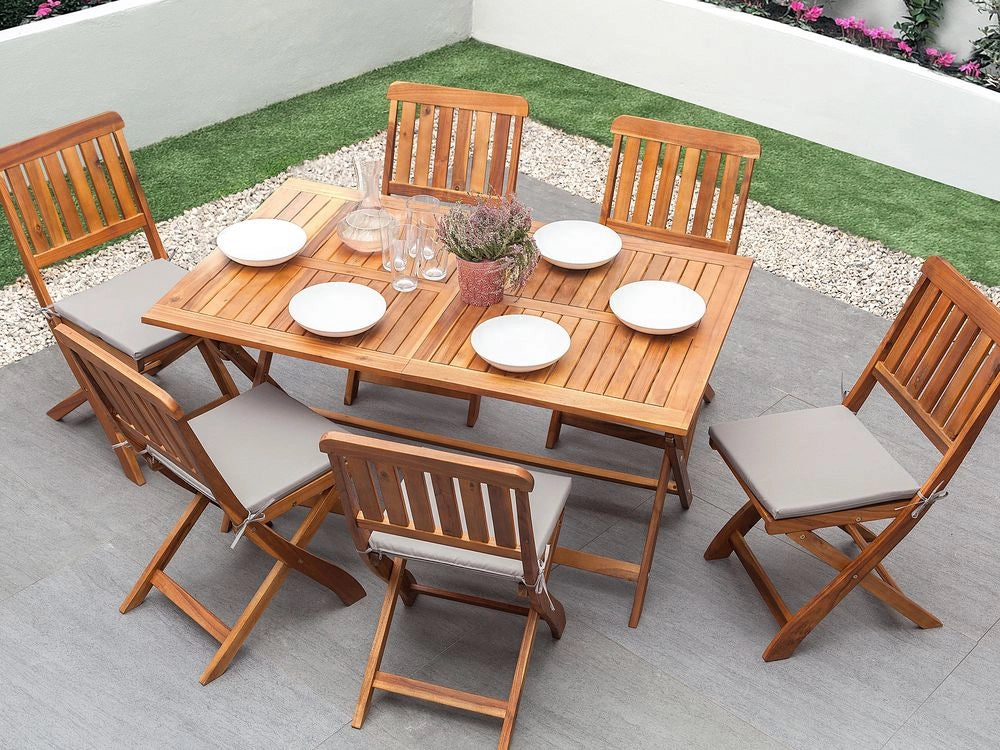 Set da pranzo da giardino Sedie pieghevoli in legno di acacia con cuscini 6 posti 140 x 75 cm