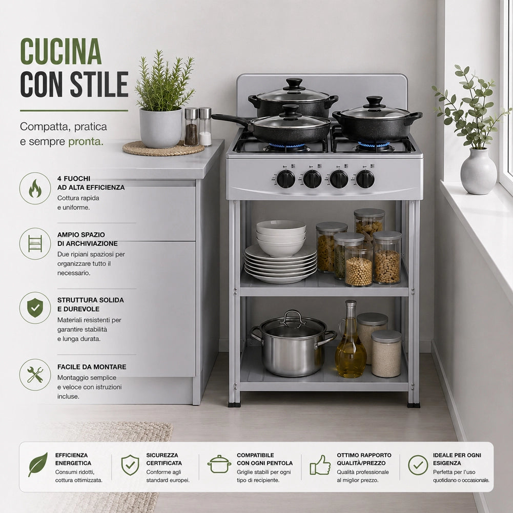 Cucina da Esterno con 4 Fuochi Grigio Cucinotto da Campeggio in Ferro 49x49x79cm
