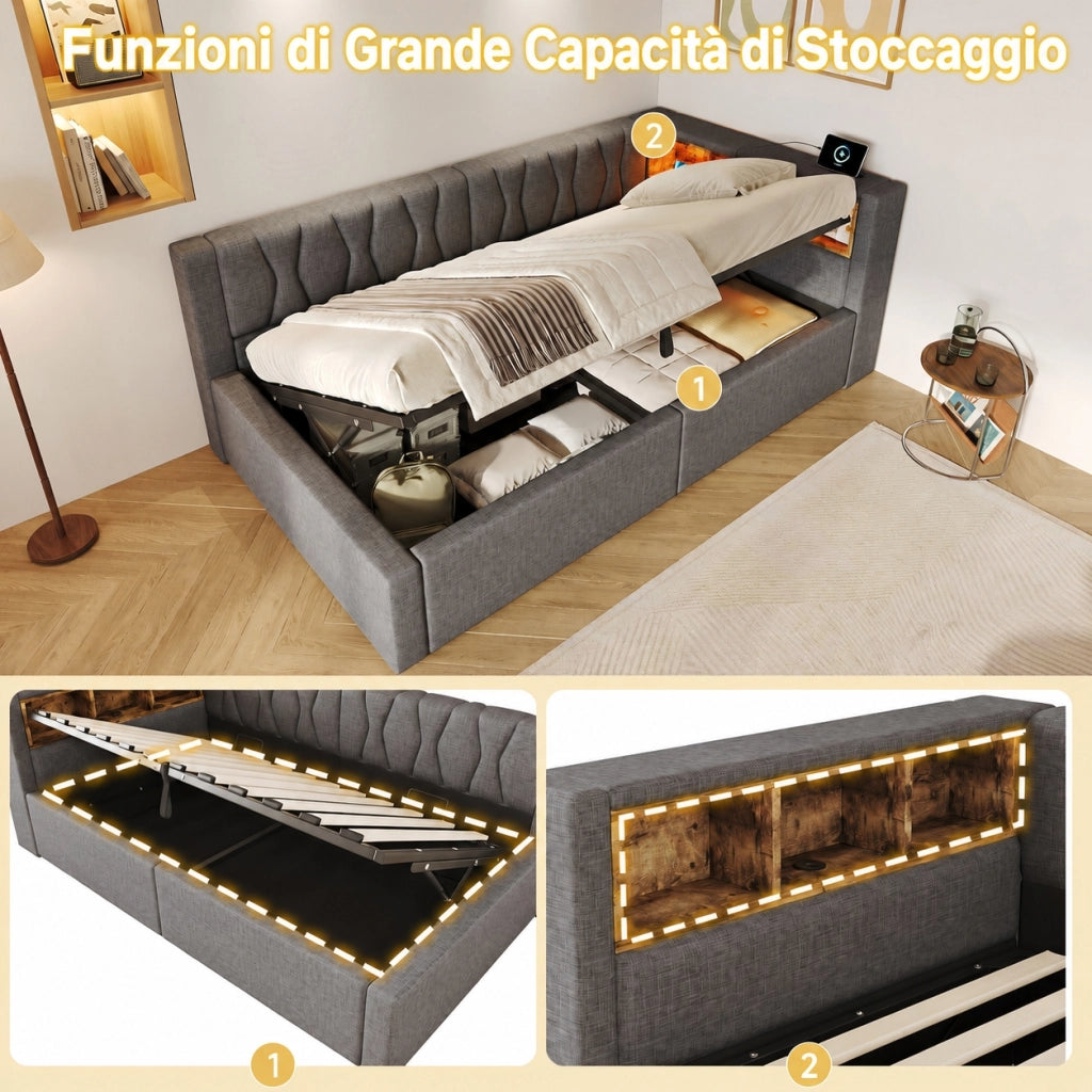 Letto da giorno 90x200 con contenitore; LED dimmerabile; ripiani e USB; lino e MDF; beige