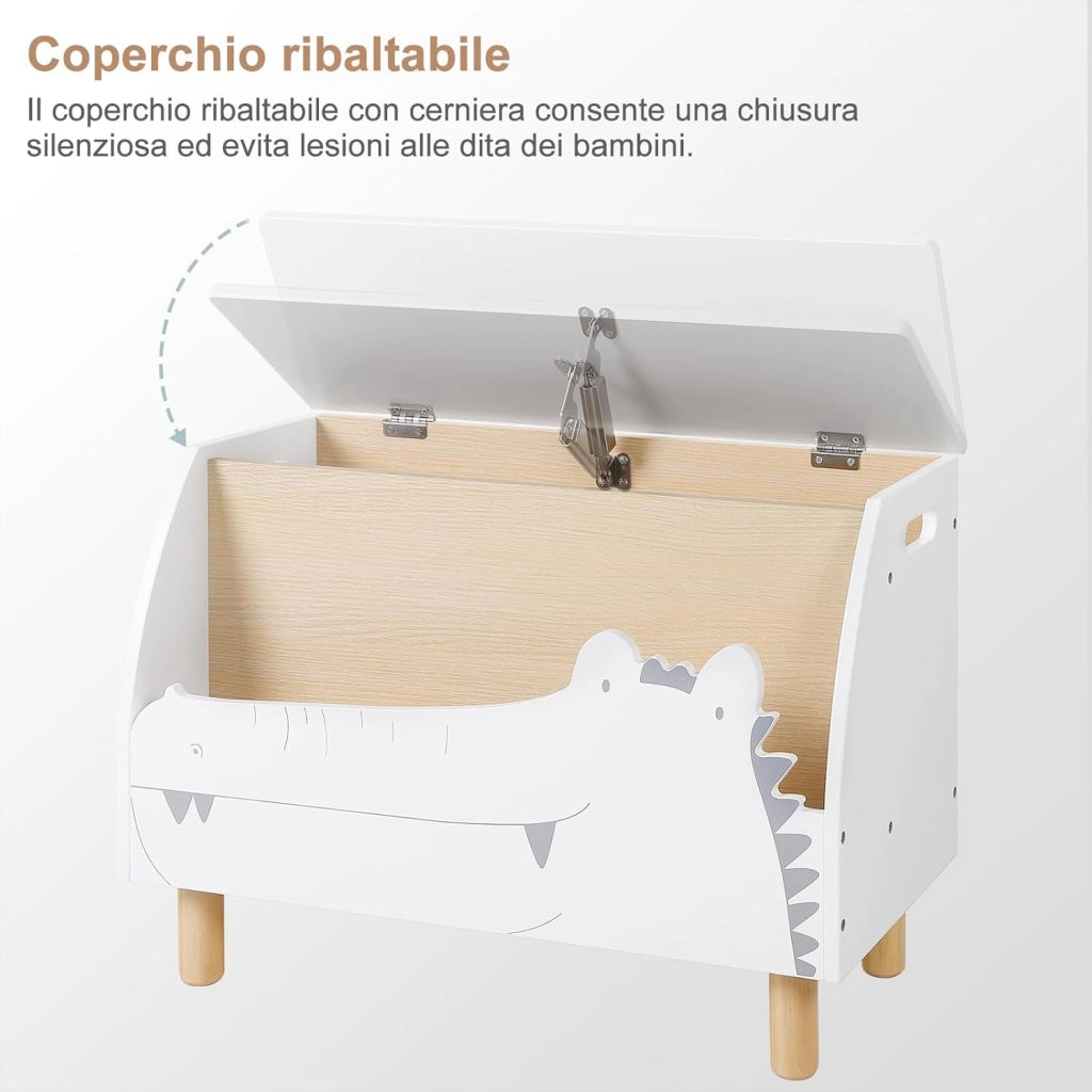 Panca Contenitore per Bambini, Contenitore Porta Giocattoli in Legno a Coccodrillo, Cassapanca con Scomparto Chiuso e Aperto, Bianco, 49,5x30x44,5cm