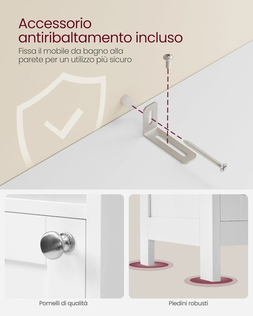 VASAGLE Mobile da Bagno con Luce, Armadietto Mobiletto da Bagno a Colonna con Ripiani Regolabili, Scomparti Aperti, per Piccoli Spazi, Moderno, Bianco Nuvola BBC566W03