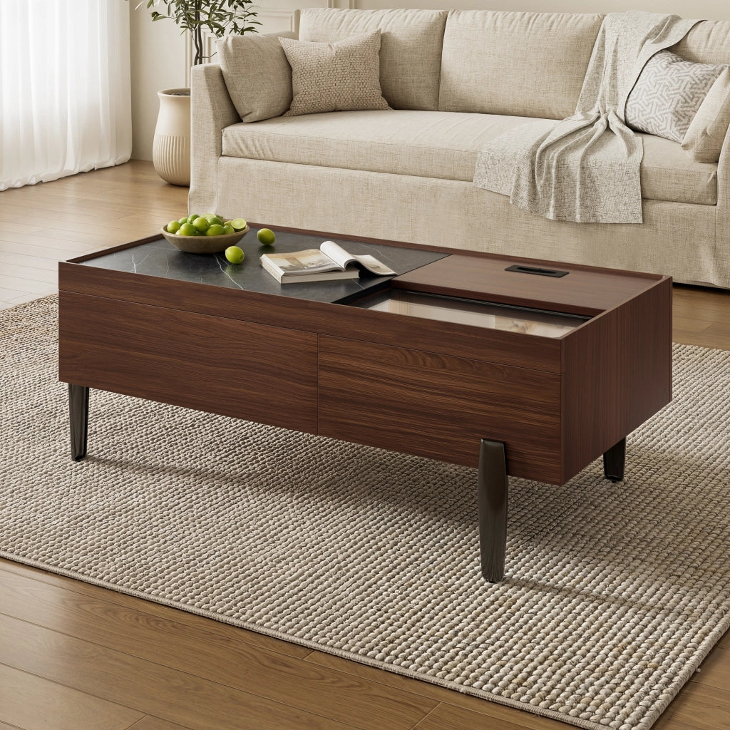 Tavolino da Caff¨¨ con Cassetti e Piano in Vetro ¨C Xylo ¨C Legno Scuro, Effetto Marmo, Gambe in Metallo