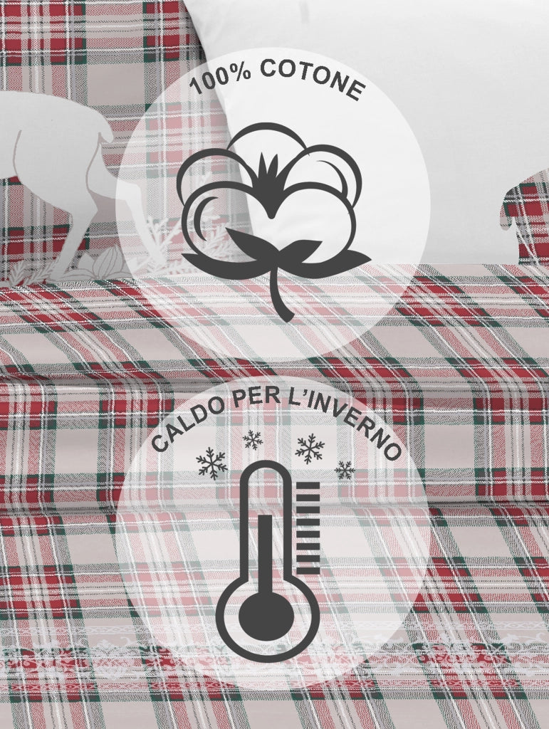 Completo Letto in Flanella Calda e Morbida Anti Pilling - Set Flanellato 3 Misure parure con Federe - Tartan rosso - 1 Piazza e mezza