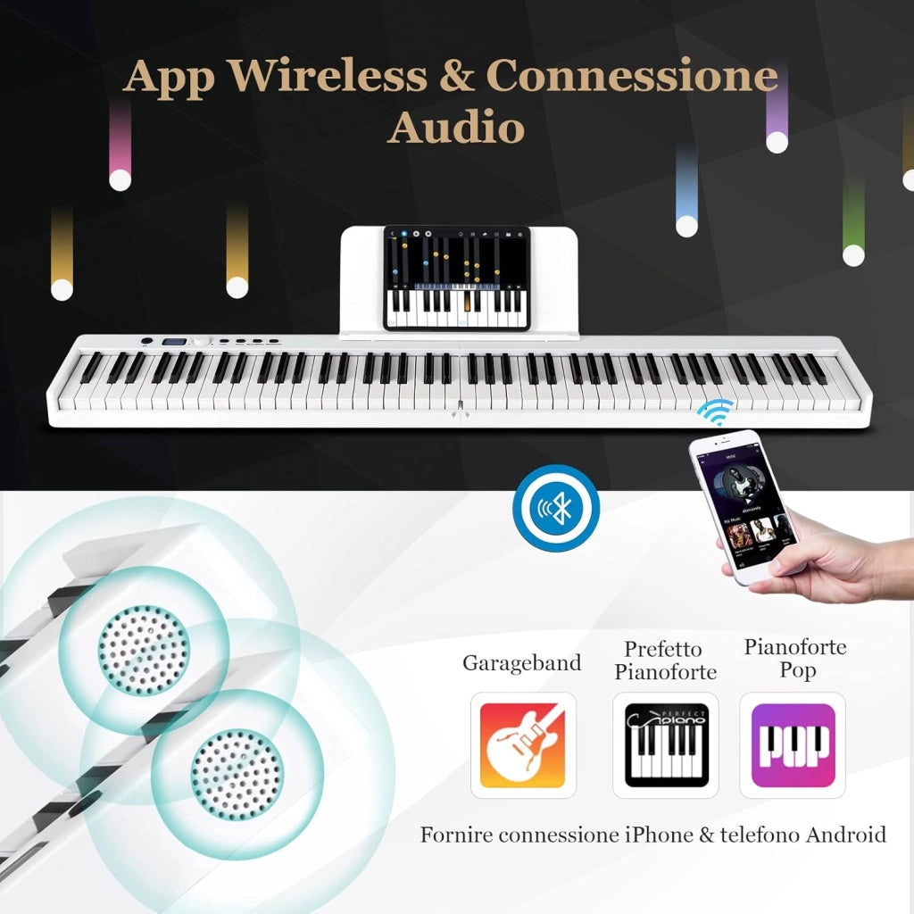 Tastiera Elettronica 88 Tasti Illuminati, Pianoforte Digitale Pieghevole Portatile con Custodia, Sustain Pedali, Modalità di Insegnamento, MP3/USB/MIDI/Bluetooth (Bianco)