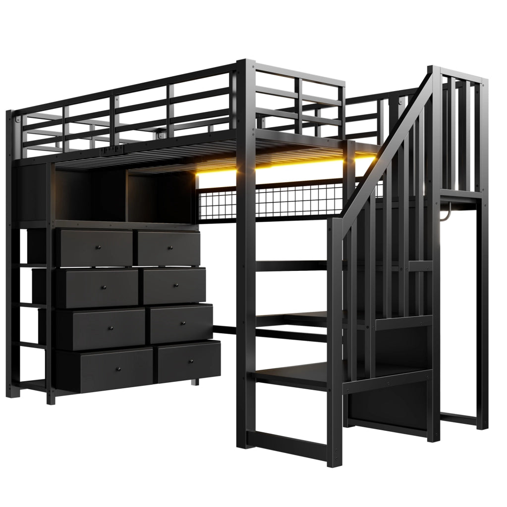 LETTO A SOPPALCO 90x200 cm con 8 Cassetti e LED Nero