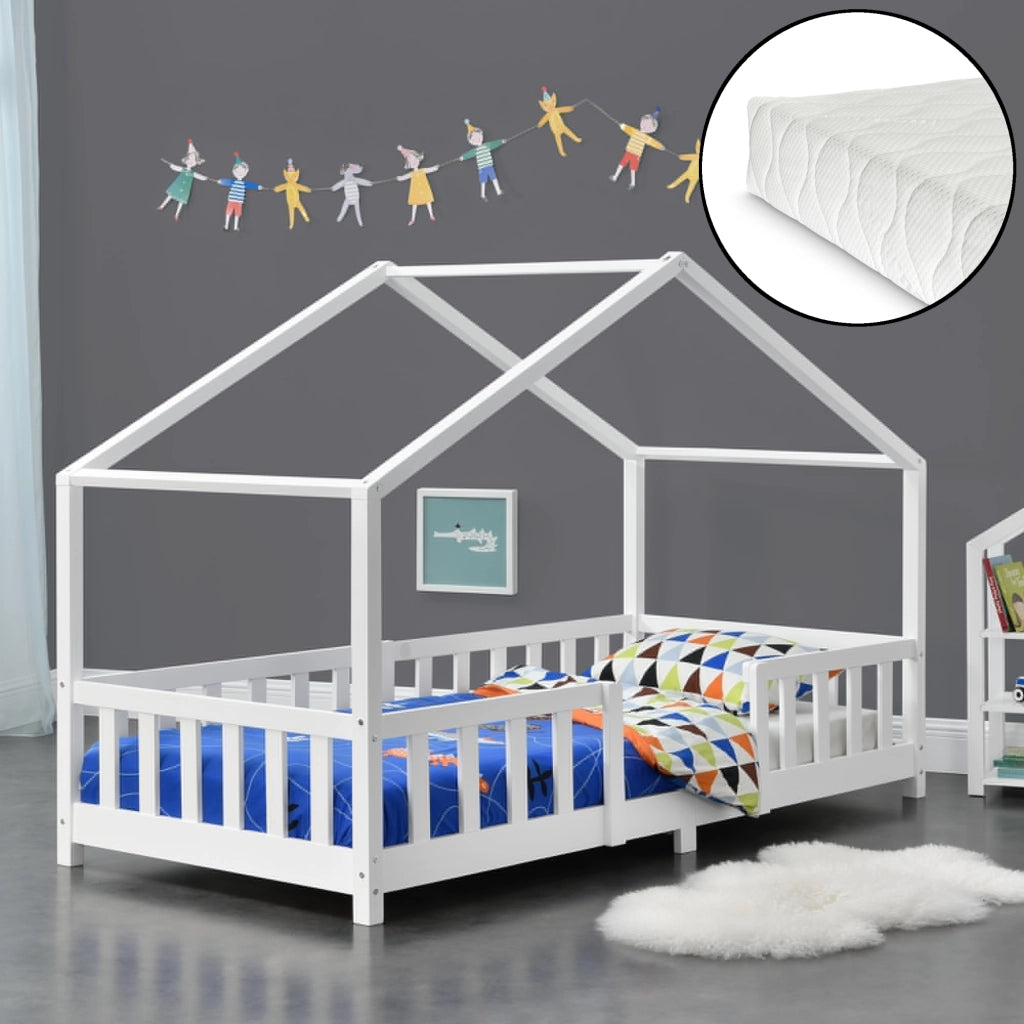 Letto per Cameretta Treviolo a Forma di Casetta con Materasso 90x200 cm Bianco [en.casa] [neu.haus]