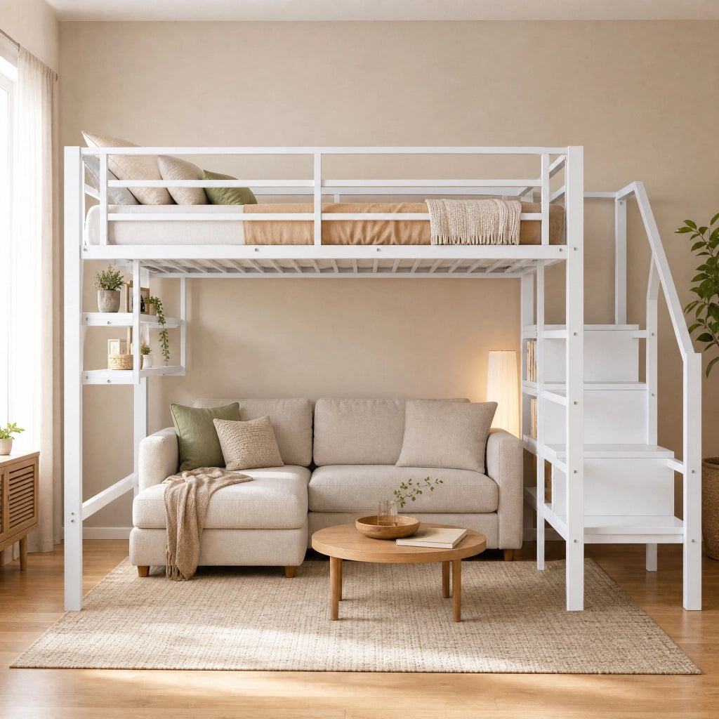 LETTO A CASTELLO 140x200 cm in metallo e MDF bianco con ripiani e scala contenitore
