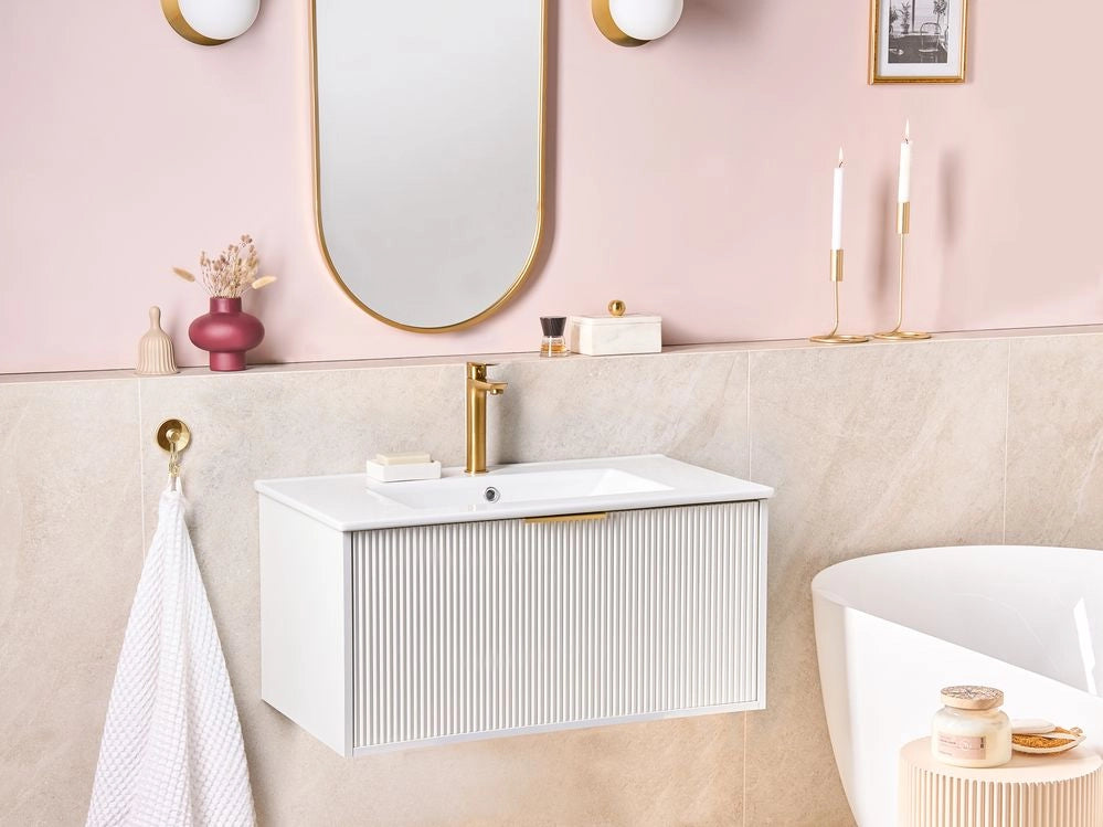 Mobiletto a muro con lavabo in legno massiccio Bianco con maniglia dorata per il bagno 80 cm stile moderno