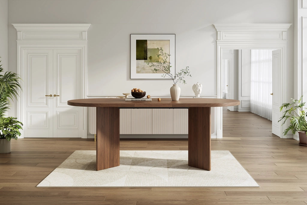 Tavolo da pranzo moderno in MDF color noce per 6–8 persone con angoli arrotondati