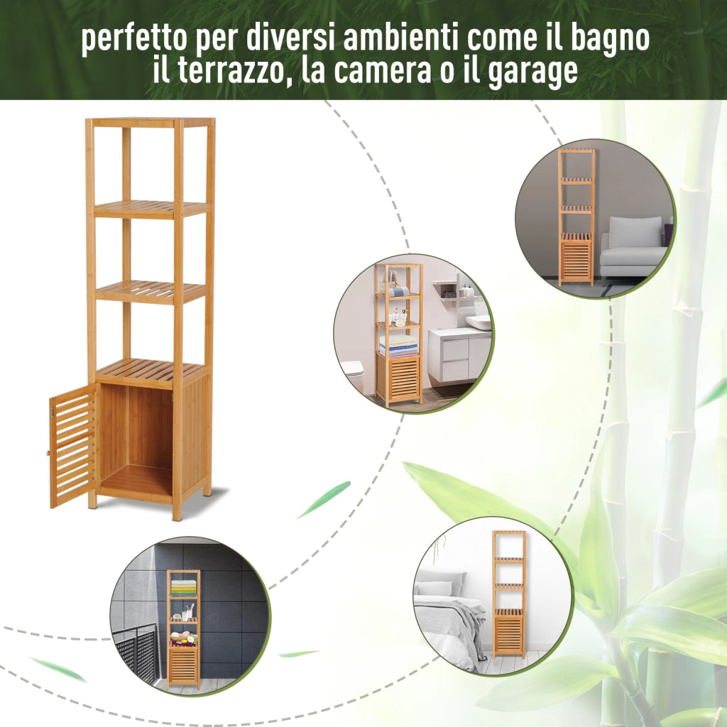 Mobile Bagno Bamb¨´ con 4 Ripiani e Armadietto ¨C zephmum ¨C Legno 36x33x140cm