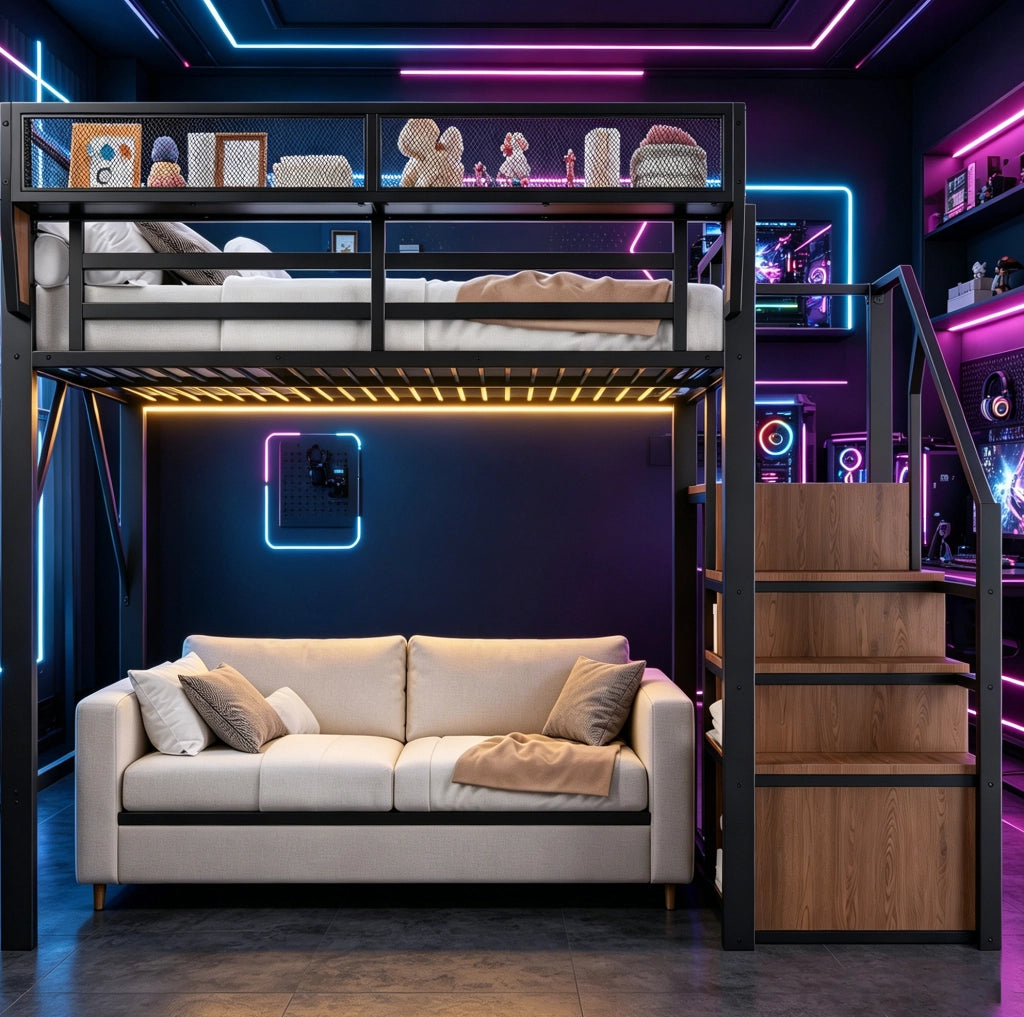 Letto a soppalco 140x200 in metallo con LED e scala
