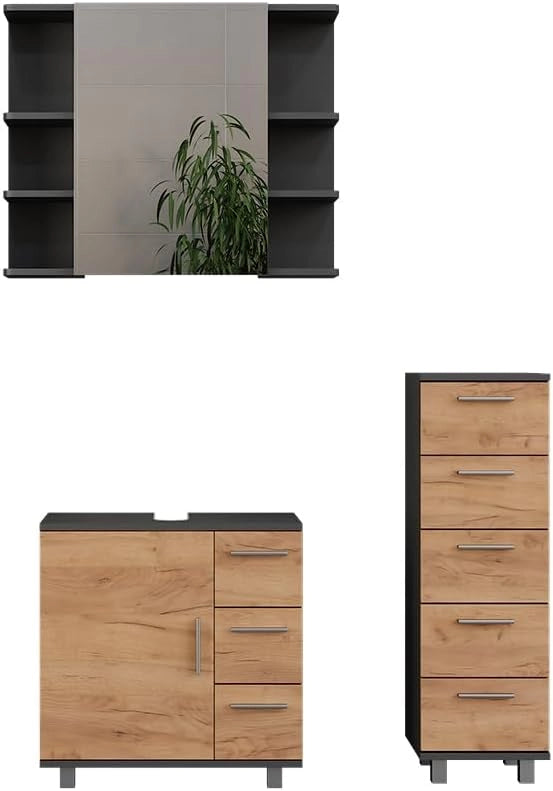 Set di mobili da bagno Ilias, Antracite/quercia dorata, 60.2 cm, composto da mobile sottolavabo, specchiera e mobile medio
