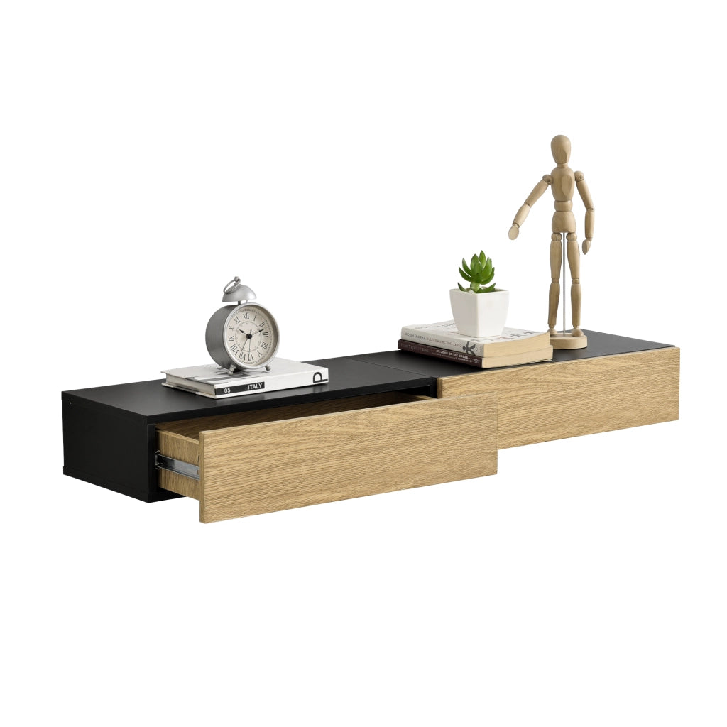 Set di 2 Mensole da Parete con Cassetto Integrato 50x24x12 cm - Nero / Effetto Legno [en.casa]
