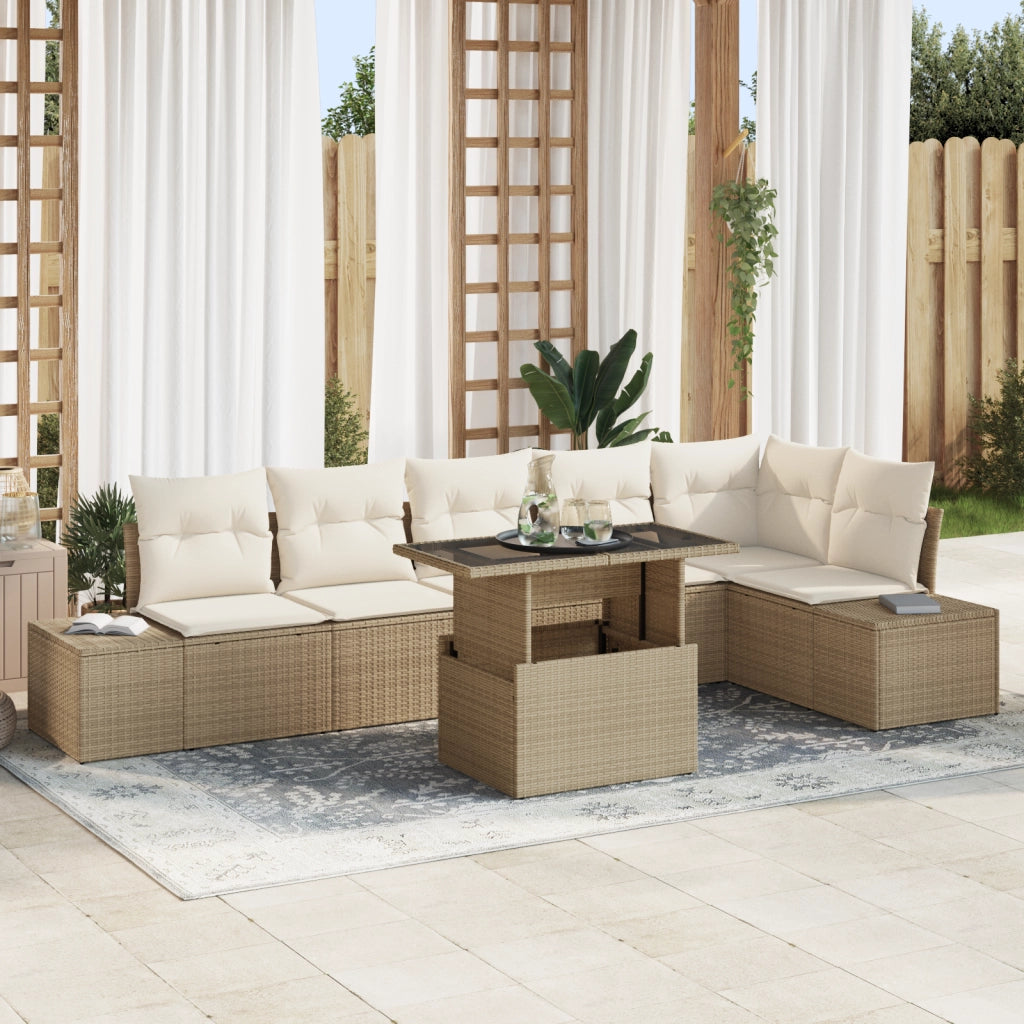 Set Divano da Giardino 7 Pezzi con Cuscini Beige in Polyrattan