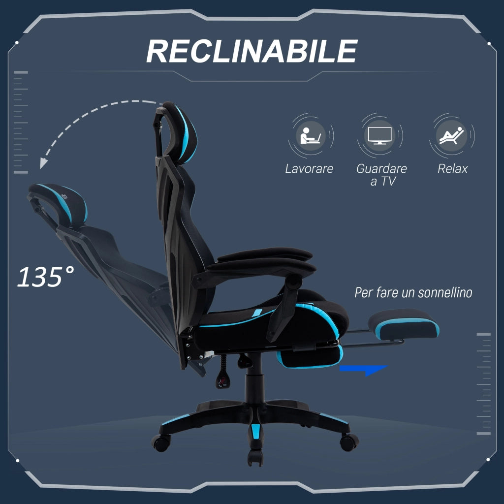 Sedia da Ufficio Ergonomica Gaming ¨C Xylo ¨C Tessuto Nero e Blu con Supporto Lombare, 65x65x119-129cm