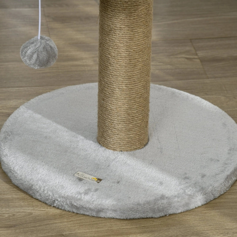 Tiragraffi per gatti con cuccia e pallina sospesa, 40x40x49 cm, in poliestere e juta grigio