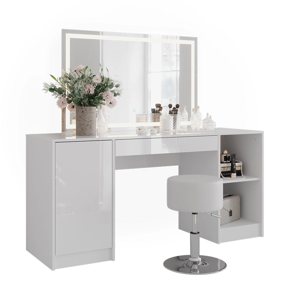 Vicco Tavolo da toeletta Bianco/bianco lucido 158.2 cm con specchio LED e sgabello