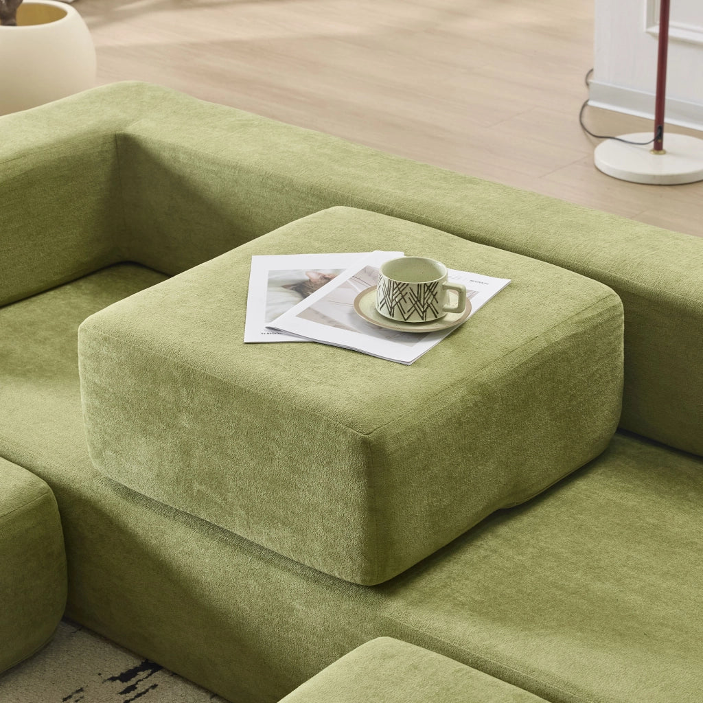 Divano letto modulare in schiuma con funzione dormiente e tappeto gioco, per piccoli spazi, in ciniglia verde