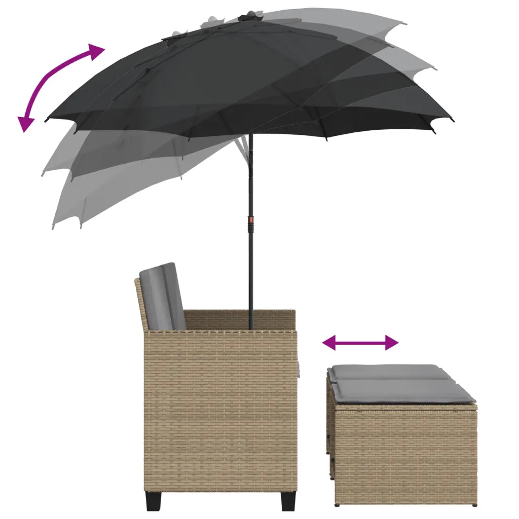 vidaXL Divano Giardino 2Posti Ombrellone e Sgabelli Beige Polyrattan