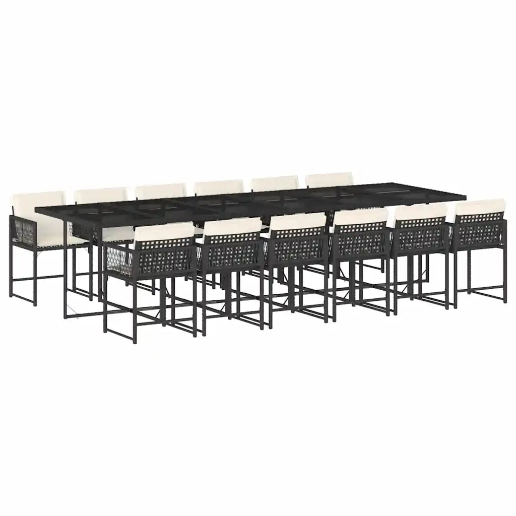 Set da Pranzo da Giardino 13pz con Cuscini Nero in Polyrattan