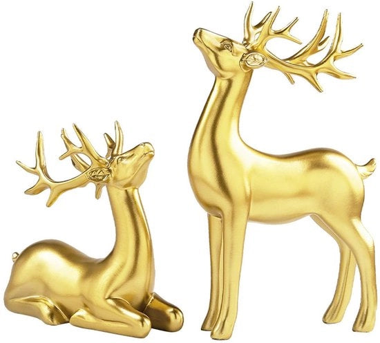 Due pezzi di ornamenti di ren d'oro, due figure di eland d'oro, miniatura di cervo in cera, decorazione per la sala da soggiorno, decorazione di Natale per cervi per l'arredamento interno