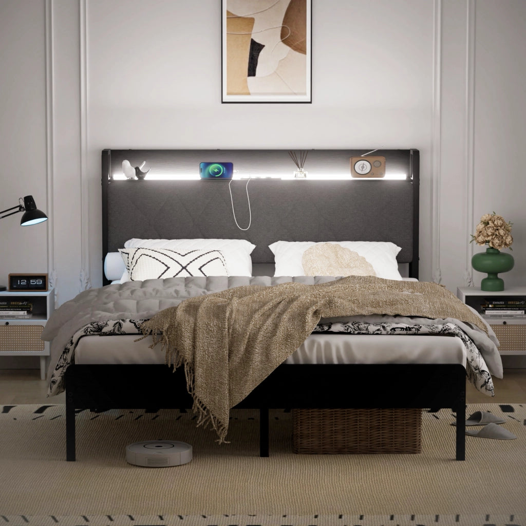 Letto imbottito 140x190 grigio scuro con 2 prese 2 USB testiera e vano contenitore