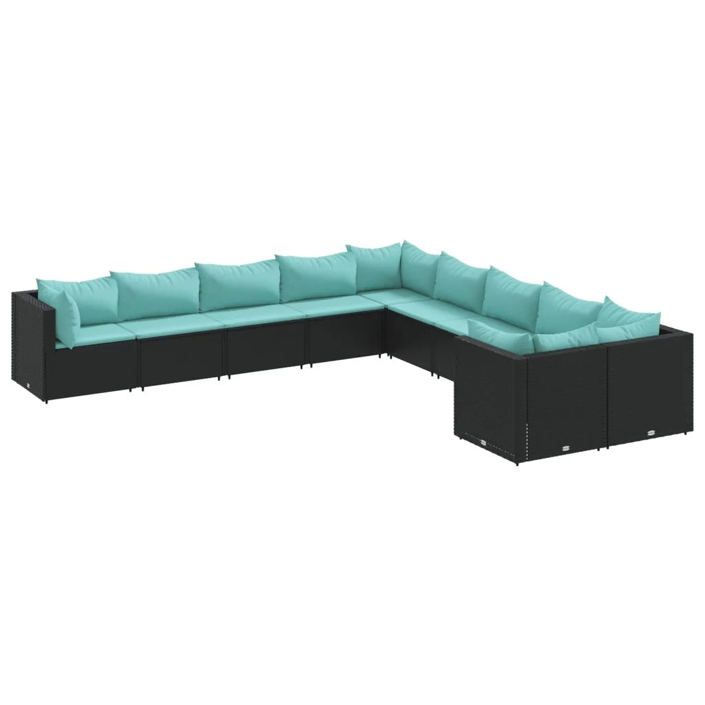 Set Divani da Giardino 10pz con Cuscini in Polyrattan Nero