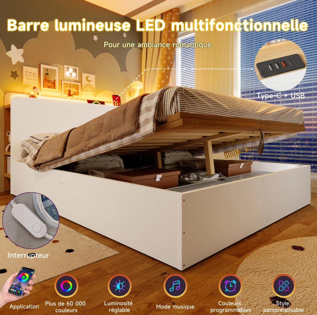 Letto contenitore ULEVR 140x200 cm con sollevamento idraulico, LED, USB e Type-C, bianco e naturale