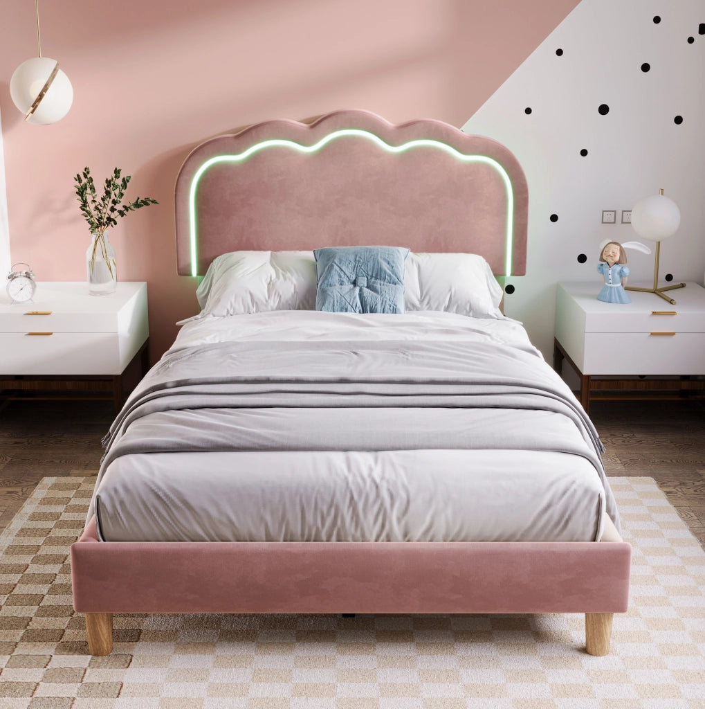 Letto singolo imbottito rosa 90x190 cm con testiera LED regolabile e struttura in velluto