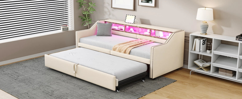 LETTO Divano estraibile 90/180x200 cm in tessuto beige con USB e LED