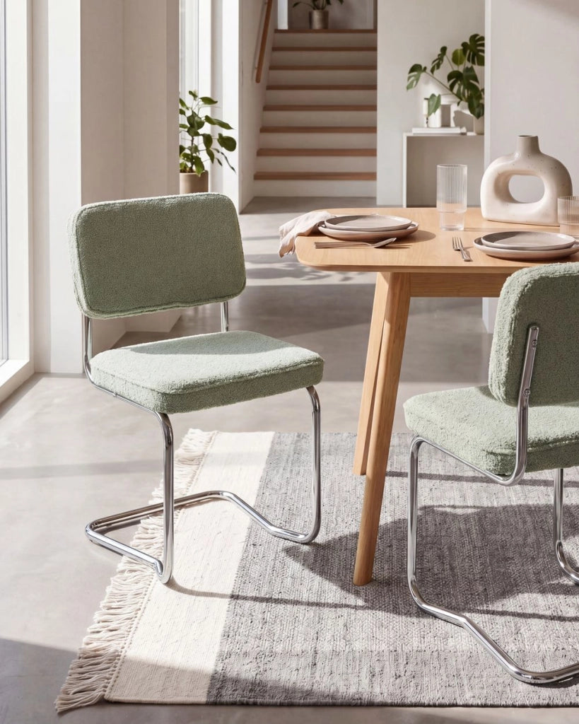 Set di 2 sedie da pranzo con rivestimento in bouclé verde chiaro e gambe in ferro stile retrò
