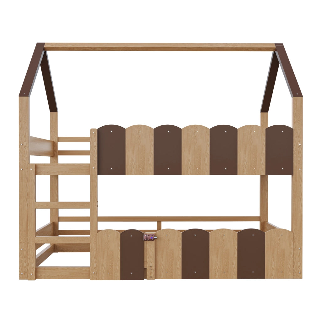 Letto a castello per bambini a forma di casa 90x200 cm in legno naturale con sbarre di sicurezza